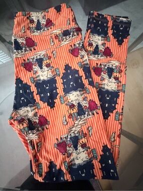 LuLaRoe Orange & Navy Haunted House Print Leggings